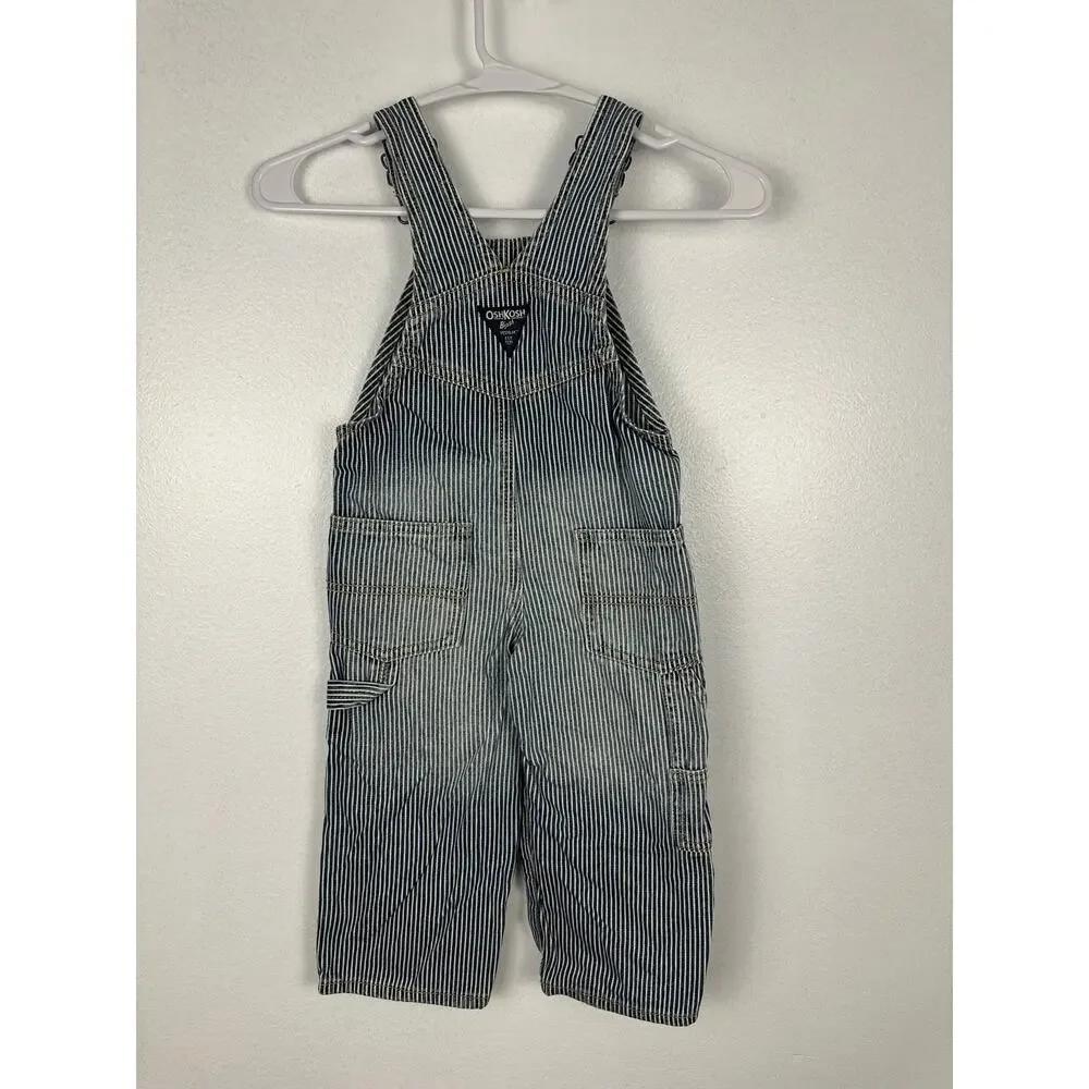 OshKosh B'gosh boy's blue and white striped denim railroad engineer overalls 2T